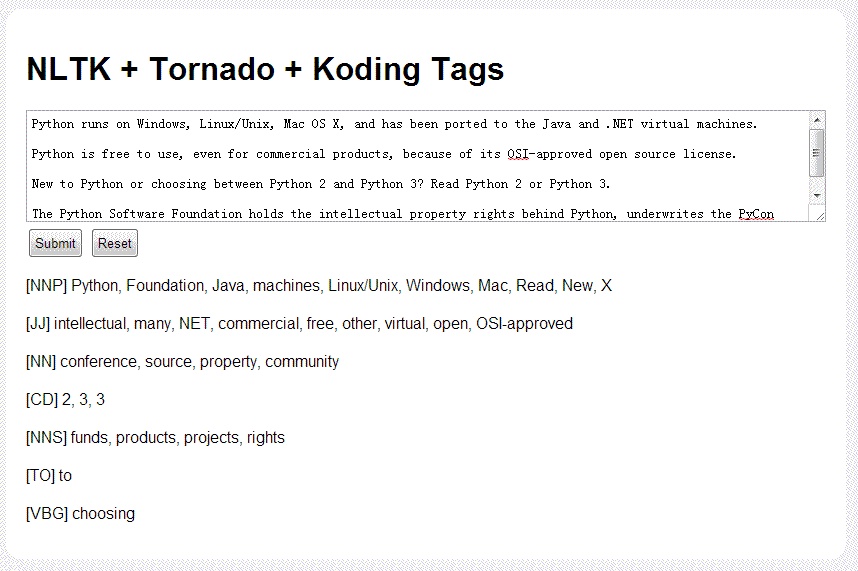 NLTK + Tornado + Koding 在线获取Tags 关键字